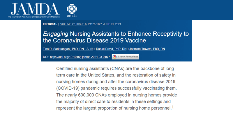 Sadarangani and Travers are authors on editorial on engaging CNAs to enhance COVID-19 vaccine receptivity