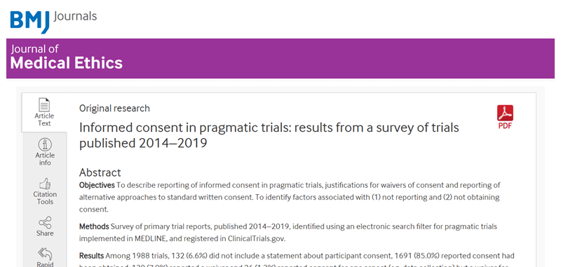 IMPACT members among authors of a recent publication describing reporting of informed consent information in pragmatic trial reports
