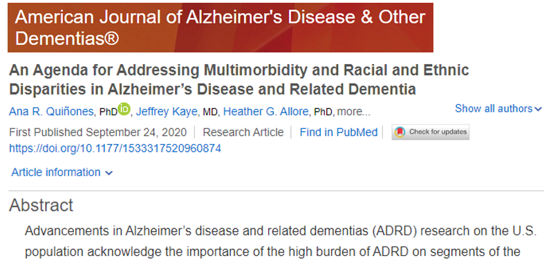 Quiñones and Allore are authors on a paper addressing multimorbidity and racial and ethnic disparities in ADRD
