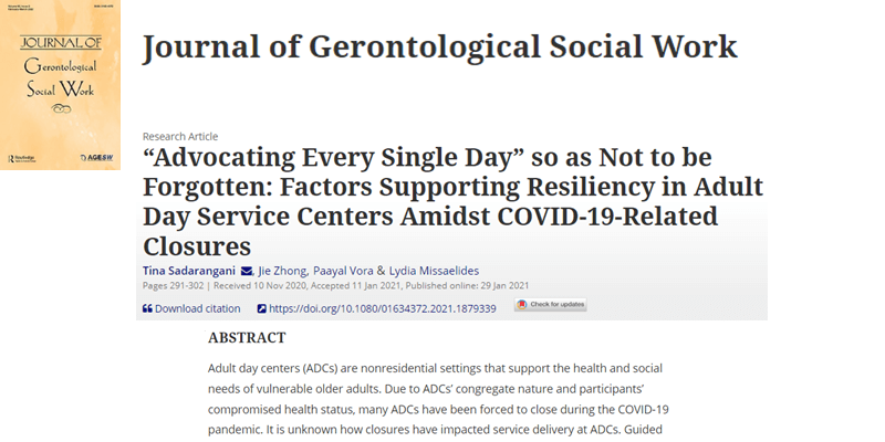 Sadarangani among authors of publication on consequences of adult day centers closing due to COVID-19 and the factors supporting their resiliency
