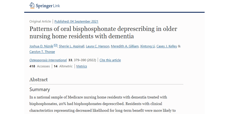 Niznik and Hanson among authors of publication analyzing incidence of deprescribing bisphosphonates among nursing home residents with dementia