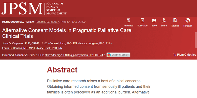 Hodgson and Hanson co-author article describing alternative consent models in pragmatic palliative care clinical trials