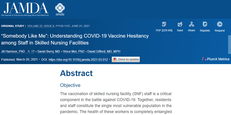 Harrison, Mor and Gifford co-author article examining vaccine hesitancy among staff in skilled nursing facilities