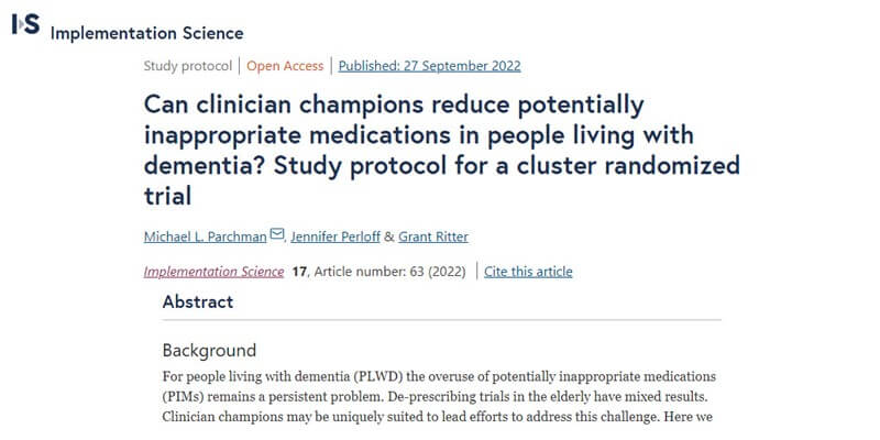 IMPACT-funded trial aimed at de-prescribing inappropriate medication use in PLWD with the help of clinician champions