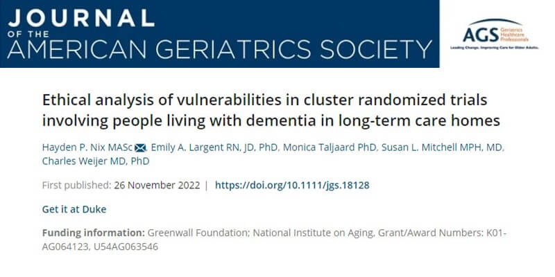 JAGS article analyzes gap in guidance for cluster randomized trials involving PLWD in LTC homes