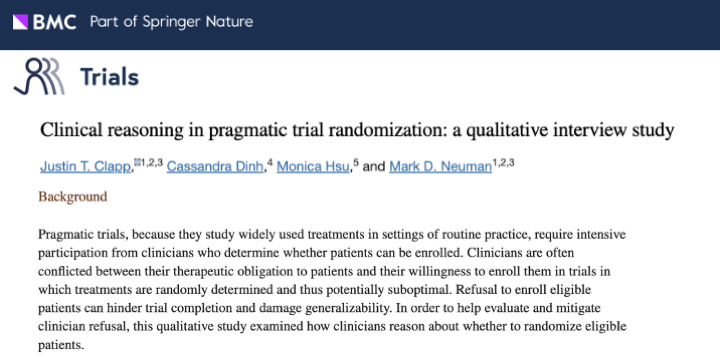 Study explores how clinicians approach patient enrollment in pragmatic randomized trials