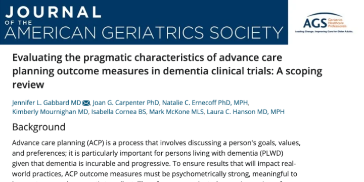 IMPACT members publish article on evaluating the pragmatic characteristics of advance care planning outcome measures in dementia clinical trials