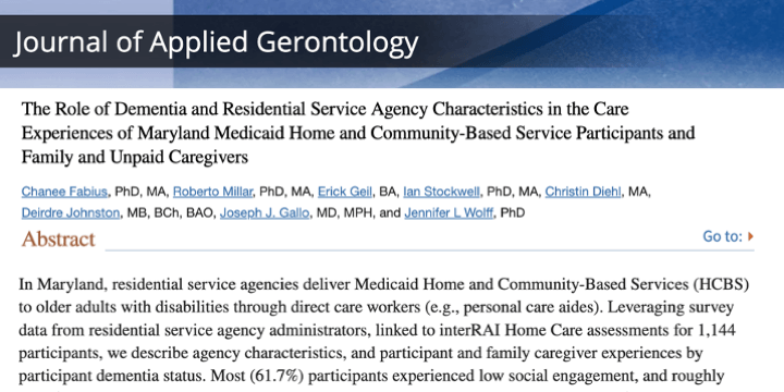 Study looks at dementia patient outcomes for those receiving Medicaid Home and Community-Based Services in Maryland
