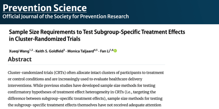 Recent IMPACT team article describes formal methods for sample size and power analyses for testing subgroup-specific treatment effects in parallel-arm CRTs