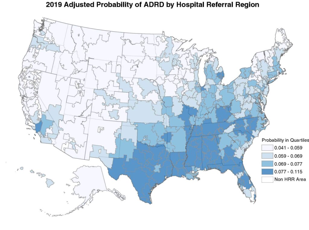 Map of 2019 Adjusted Probability of ADRD by Hospital Referral Region among Fee-for-Service Medicare Beneficiaries