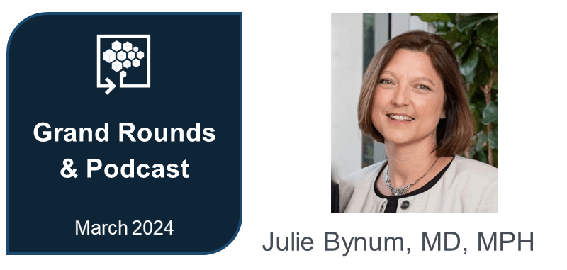 Graphic with headshot of Dr. Julie Bynum from the shoulders up, next to the words "Grand Rounds & Podcast March 2024"