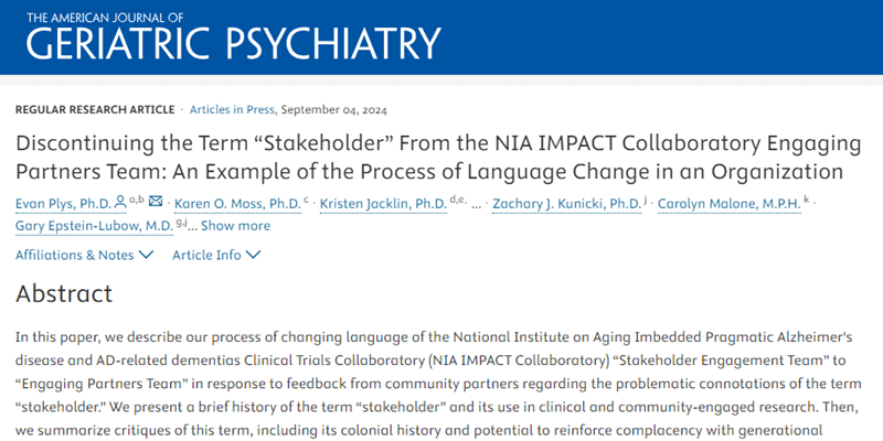IMPACT Engaging Partners Team describes the movement away from use of the word stakeholder in new publication