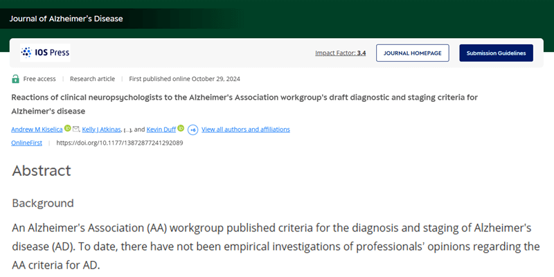 Authors share results of survey of clinical neuropsychologists’ reactions to Alzheimer’s Association workgroups draft criteria for Alzheimer’s disease